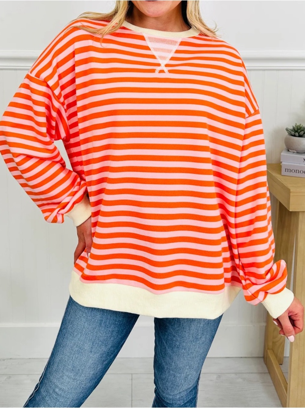 UEU Oversized Striped Crewneck Long Sleeve Color Block Pullover
Sweatshirt